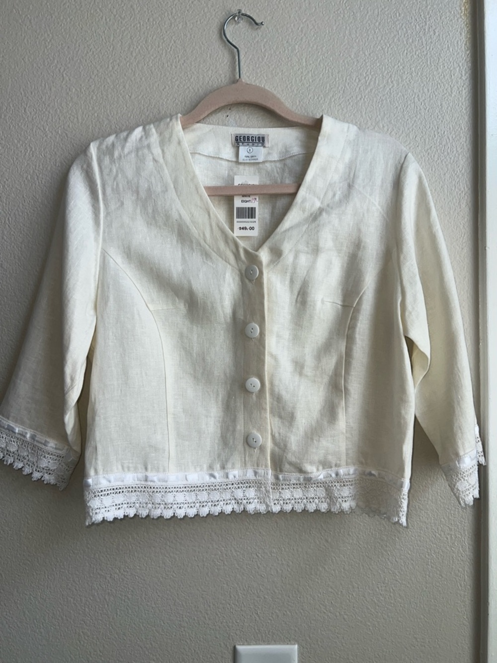 Georgiou Cream Linen Cropped Blazer with Lace Trim